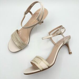 NEW Christian Dior White & Gold Dway Logo Embroidered Heels Sandals Shoes